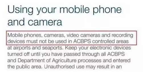 别在澳大利亚机场禁区拍照或打电话，会被罚款甚至要遣返！